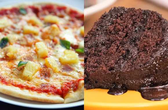 [Imagem de uma pizza e um bolo em versões saudáveis]